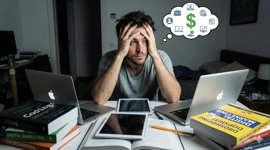 شخص محبط بسبب مشكل التشتت بين مجالات العمل عبر الإنترنت يبحث عن التركيز والربح الأول