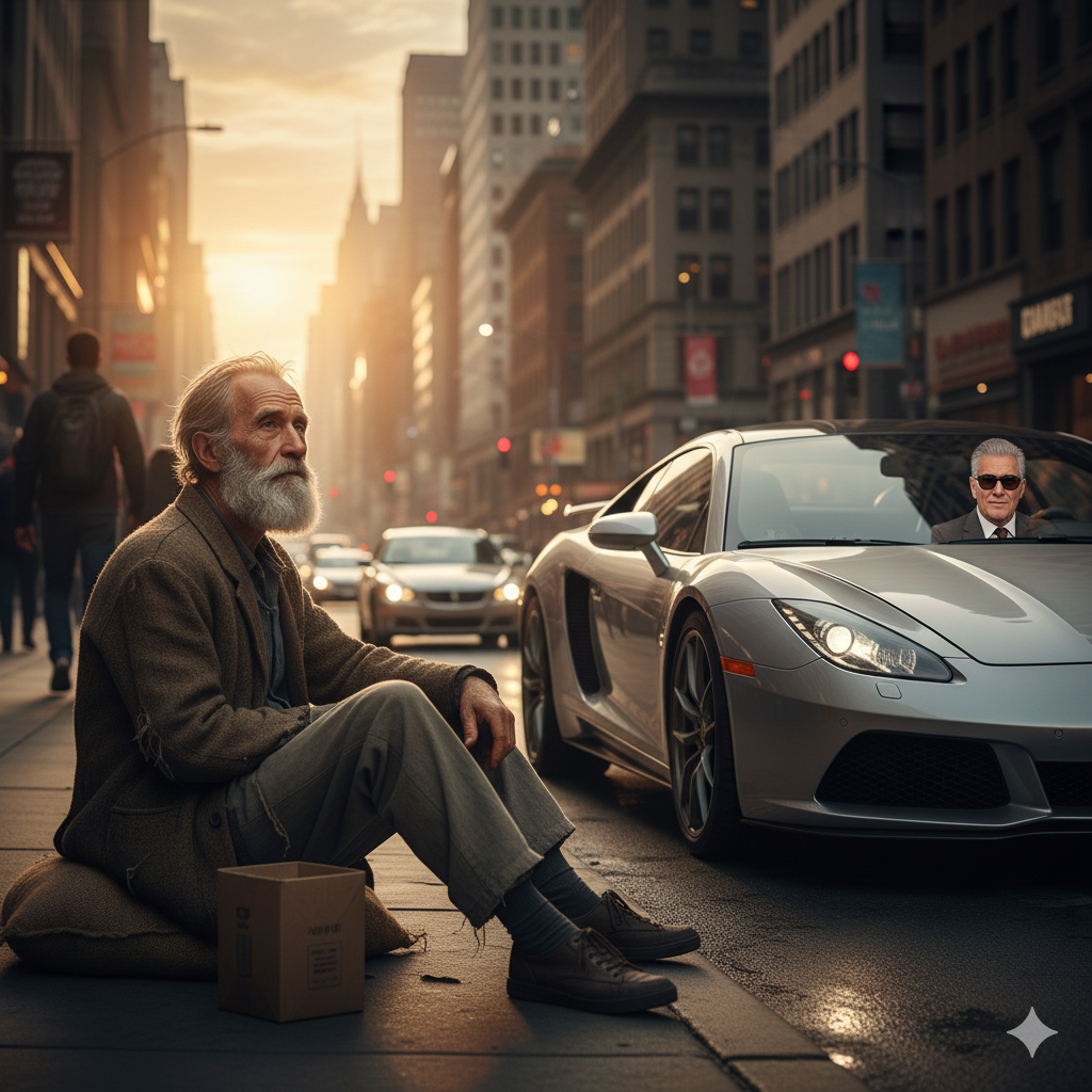 متسول يلاحظ النظرة السلبية للأغنياء في سيارة فاخرة (صورة تباين طبقي)