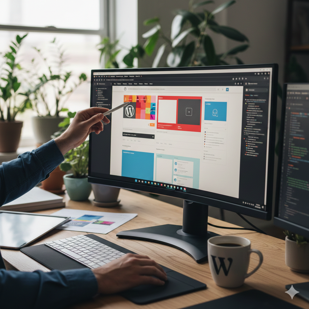 مصمم مواقع ووردبريس محترف يعمل على لوحة تحكم المنصة ويشير إلى التصميم.