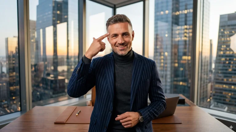 رجل مليونير ناجح يشير إلى عقله، مؤكداً أن عقلية الأغنياء هي سر ثرائه.